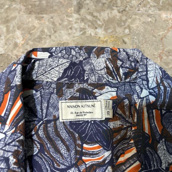 Maison Kitsune Shirt Mens 36 XS Blue Floral Hawaiian Camp Loop Collar Cotton - Picture 5 of 7
